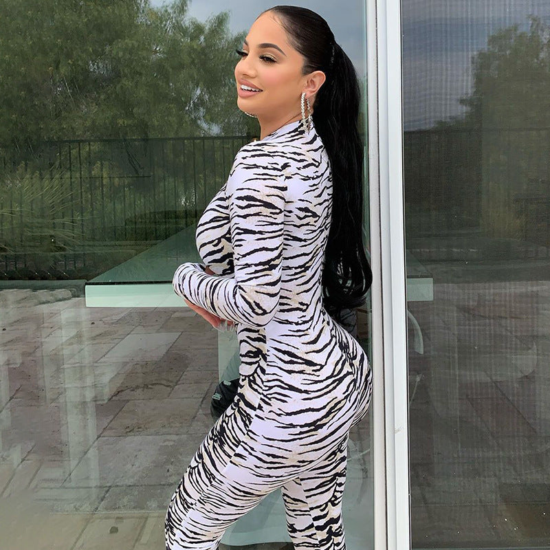 White/Black Zebra Striped Women's Skin Tight Long Sleeve Pants Jumpsuit