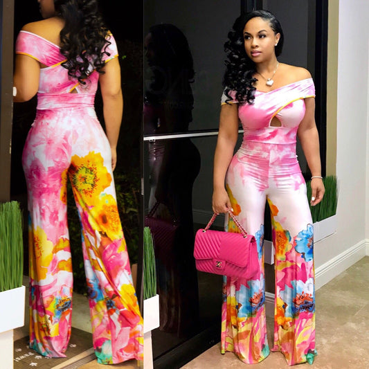 Floral Gradient Print Off-the-Shoulder Flared Pant Hollow-Out  Women's Jumpsuit