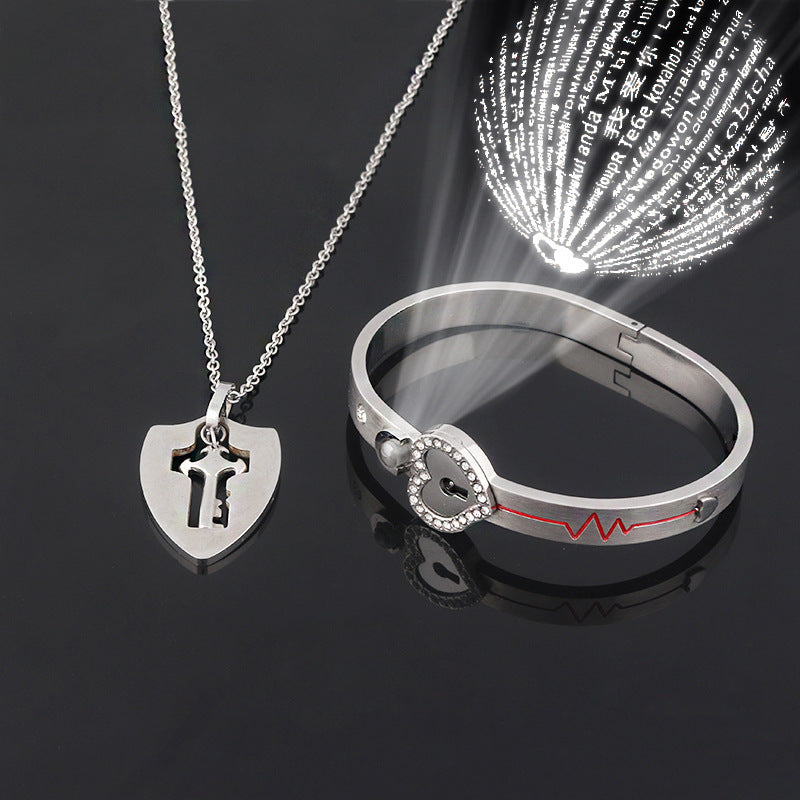 Titanium Sparkling Steel Couple Love Lock Chain Necklace + Bracelet Key Set