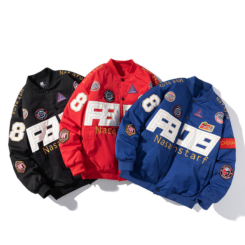 Unisex Patchwork Letter Print O-Neck Zipper Hip-Hop Baseball Bomber Jacket w/ Detachable Hood