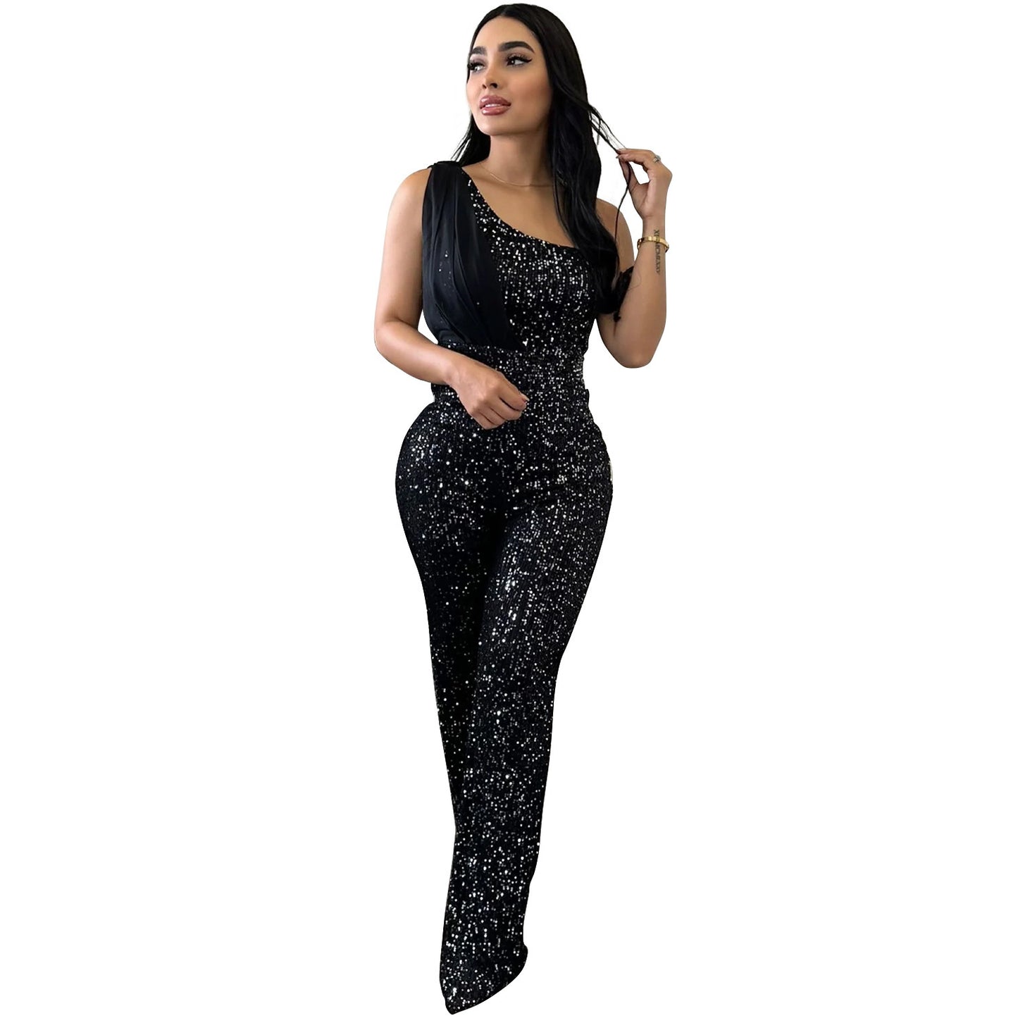 Sequin Glitter Asymmetrical Women's Solid Color Sleeveless One Shoulder Jumpsuit