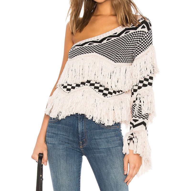 Tassel Fringe Detail Asymmetrical Oblique One Shoulder Women's Sweater