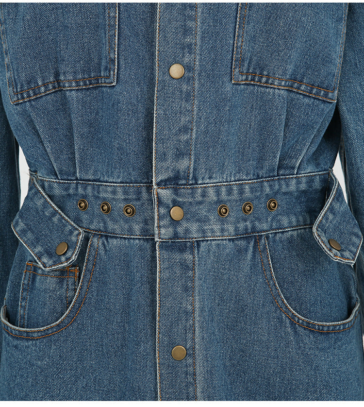 Denim Blue Double Pocket Design Turn-Down Collar Long Sleeve High Slit Maxi Jean Dress