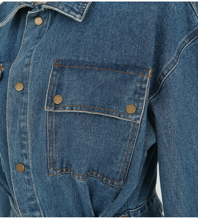 Denim Blue Double Pocket Design Turn-Down Collar Long Sleeve High Slit Maxi Jean Dress