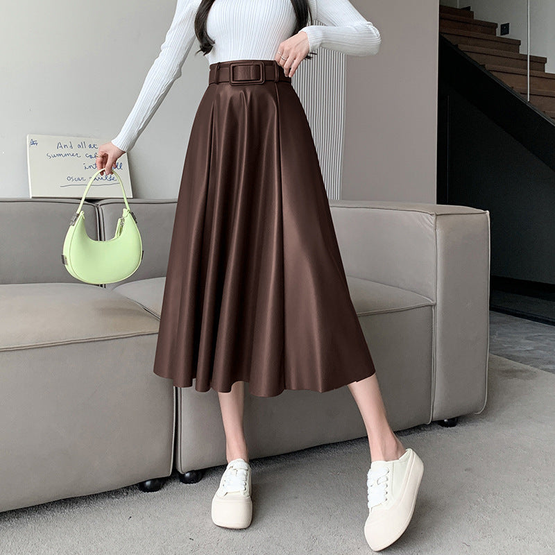 Flared Belted PU Leather A- Line High Waist Midi Skirt
