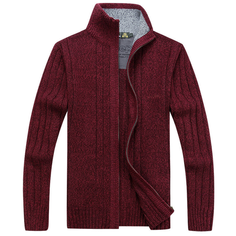 Men's Ribbed Fleece Lined Knitted Stand Collar Skinny Zipper Cardigan Sweater Jacket