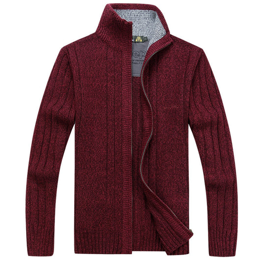 Men's Ribbed Fleece Lined Knitted Stand Collar Skinny Zipper Cardigan Sweater Jacket