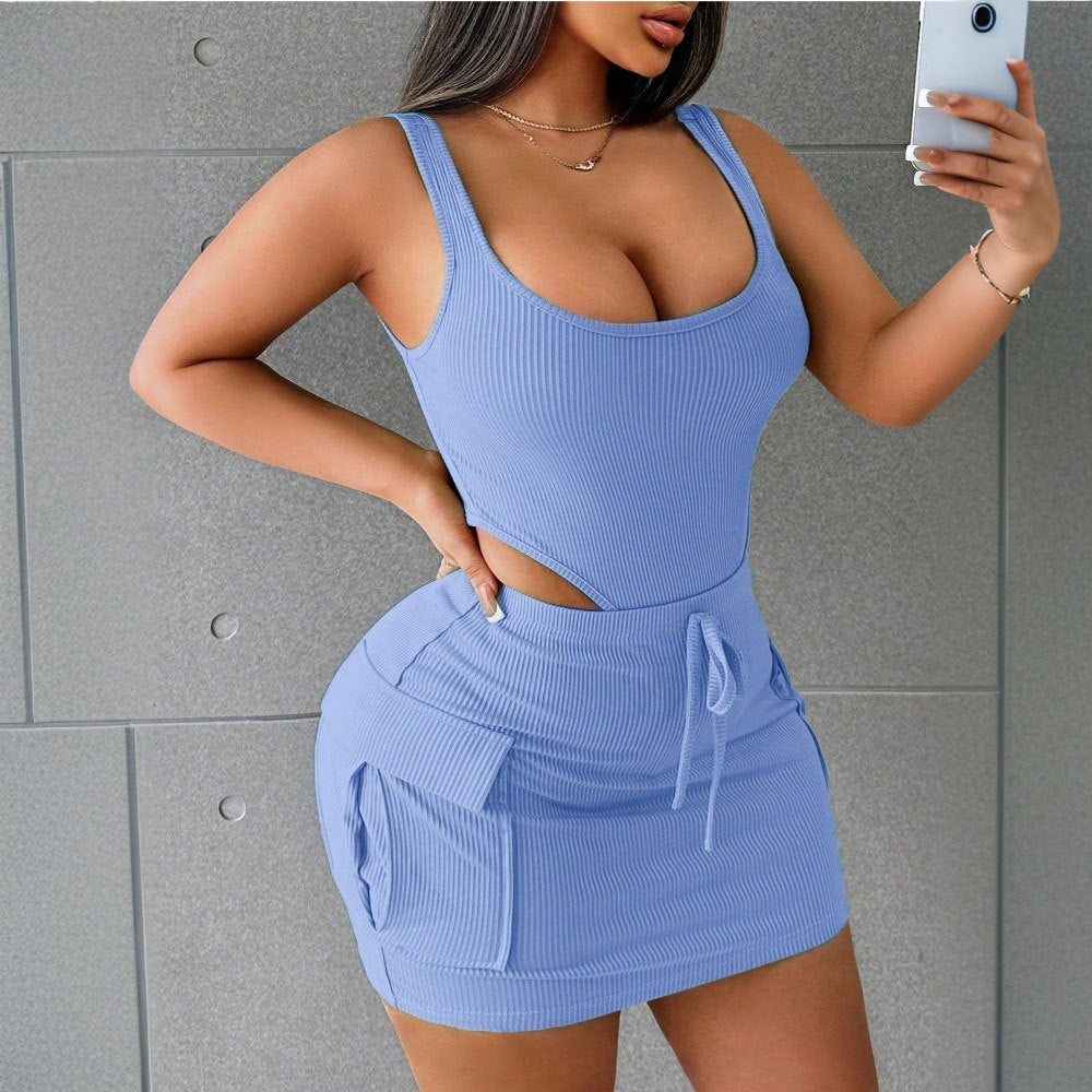 Ribbed Square Neck Women's Tank Top Bodysuit + Mini Cargo Pocketed Skirt 2-Piece Set