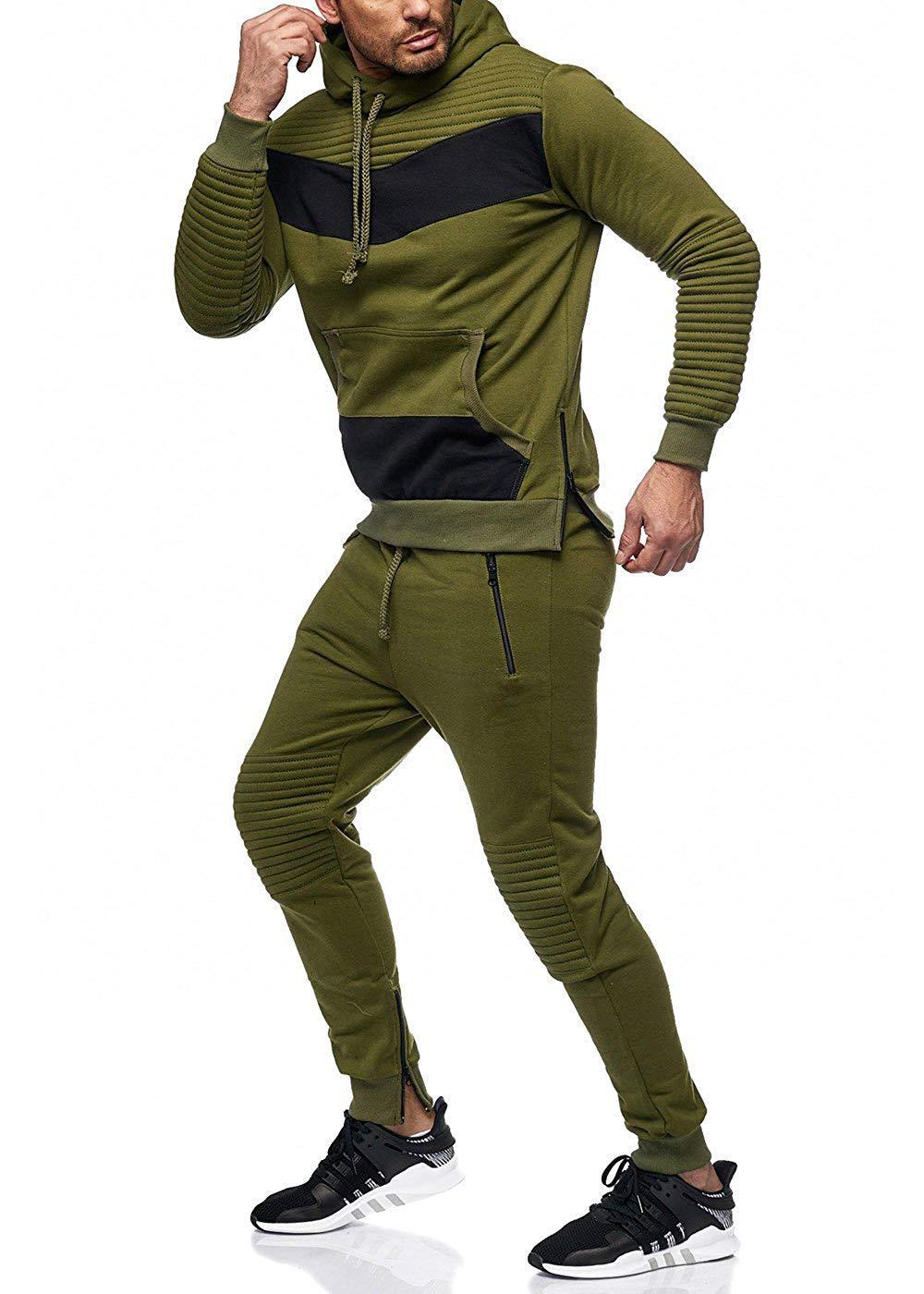 Men's Ribbed Colorblock Patchwork Hoodie Sweatshirt + Drawstring Zipper Pocket Jogger Sweatpants Tracksuit