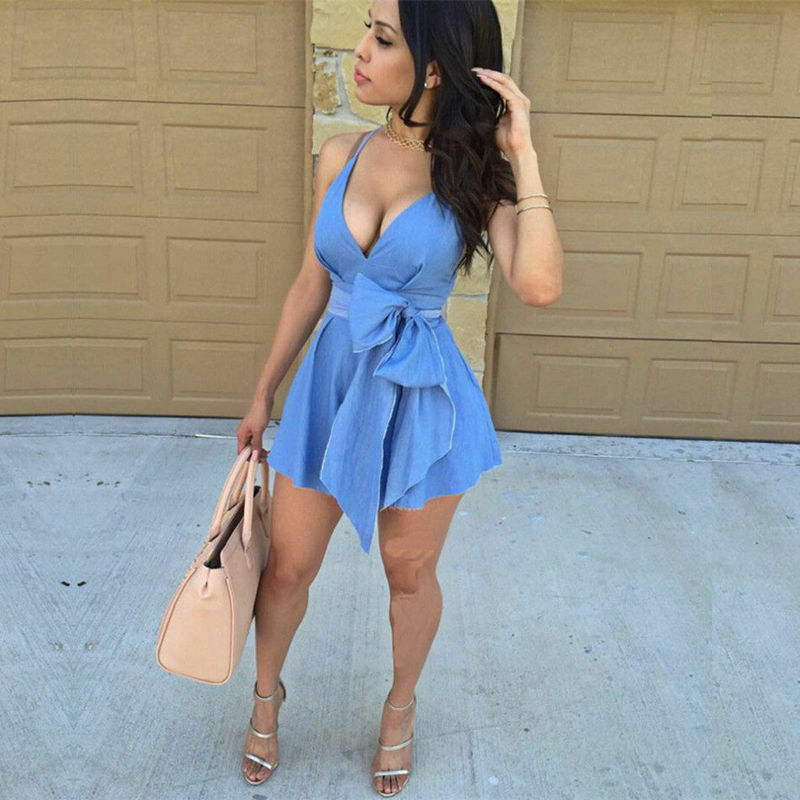 Irregular Big Bow Detail Denim Light Blue V-Neck Sleeveless Mini Jean Dress