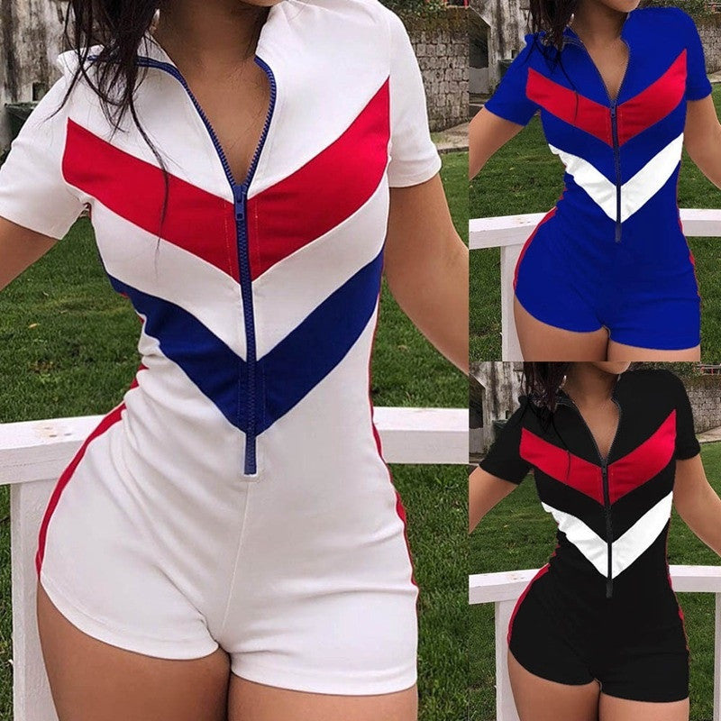 Colorblock Diagonal Striped Short Sleeve Zipper Front Fitness Bodycon Skinny Workout Shorts Romper to 3X Plus Size