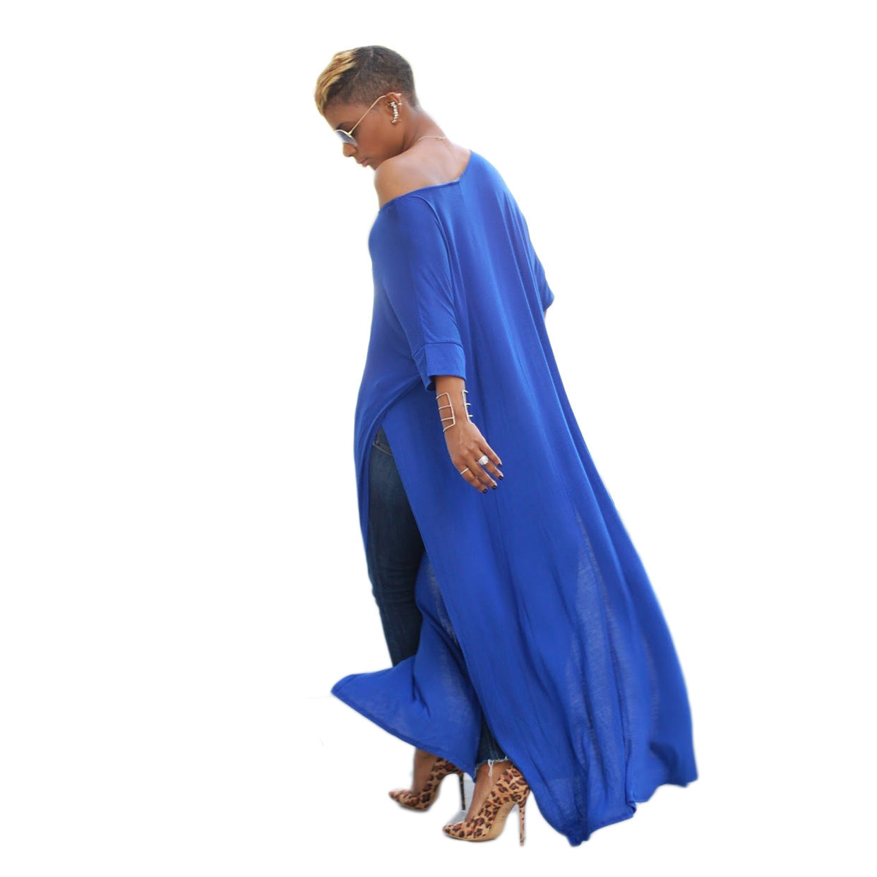 One Shoulder Asymmetrical Women's Solid Color High Slit Maxi Shirt to 5X Plus Size