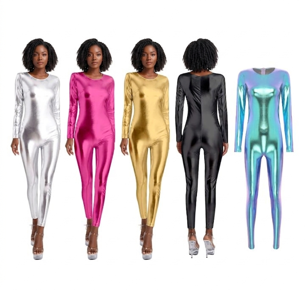 Metallic Shiny Faux Leather Solid Color Women Long Sleeve Dance Bodysuit Clubwear Long Sleeve Jumpsuit to 3X Plus Size