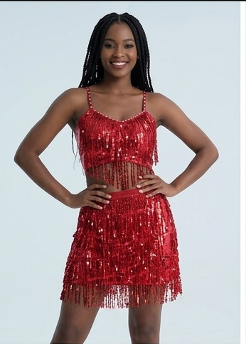 Sequin Metallic Tassel Crop Tank Top + Elastic Waist Fringe Mini Skirt Women's Formal 2-Piece Dance/Party Set