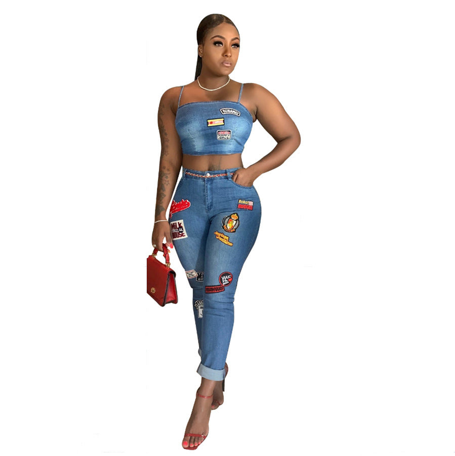 Denim Streetwear Cartoon Patchwork Design Women's Tube Top + Skinny Cuffed Jeans 2-Piece Set