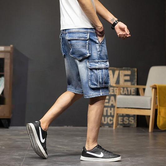 Men's Denim Washed 5-Point Multi-Pocket Cargo Jean Shorts