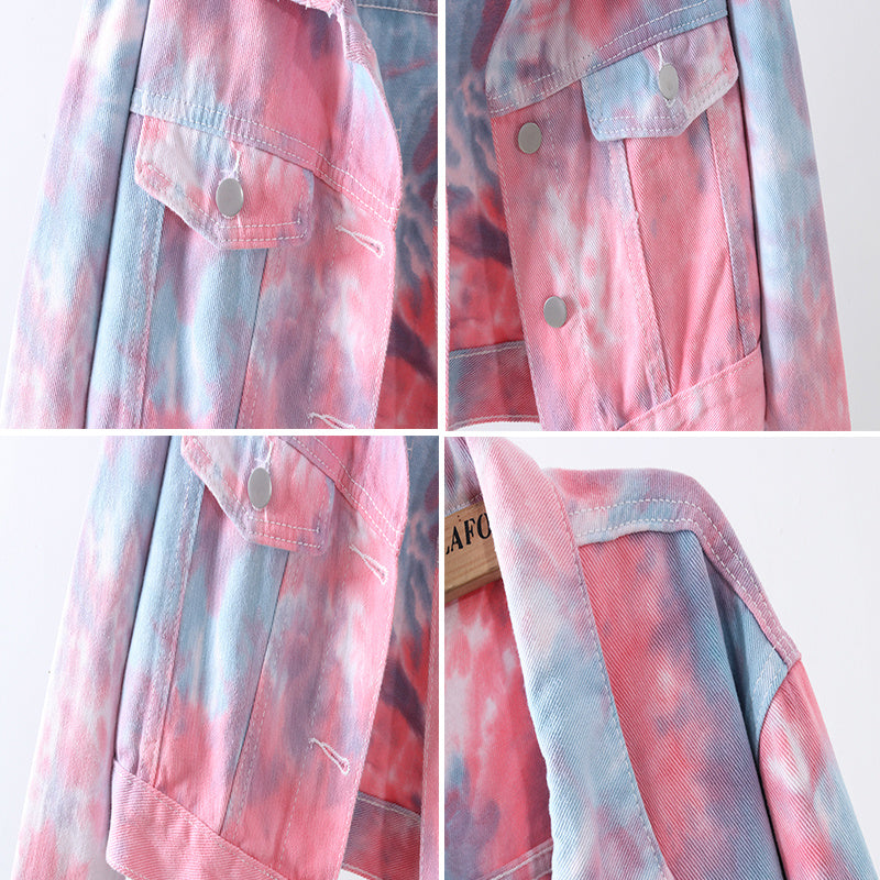 Tie-Dye Pink/Baby Blue Denim Short Women's Crop Jean Jacket