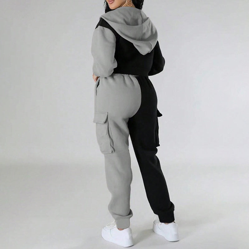 Colorblock Streetwear 2-Tone Cropped Zipper Sports Hoodie Jacket & Drawstring Cargo Pocketed Sweatpants Women's Tracksuit to 3X Plus Size