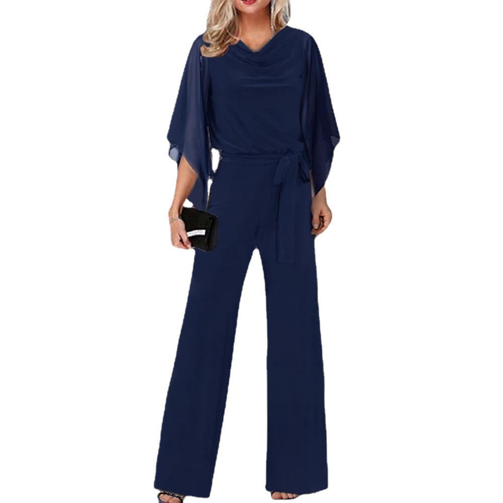 Sheer Long Sleeve Solid Color Women's High Waist Lace-Up Wide Leg Pants Jumpsuit to 3X Plus Size