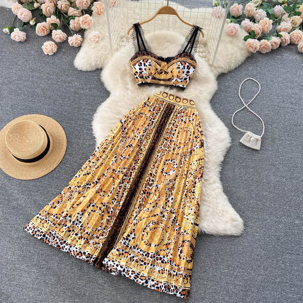 Baroque Lace Stitched Floral Print Crop Tank Top + Pleated Maxi Skirt Women's 2-Piece Set
