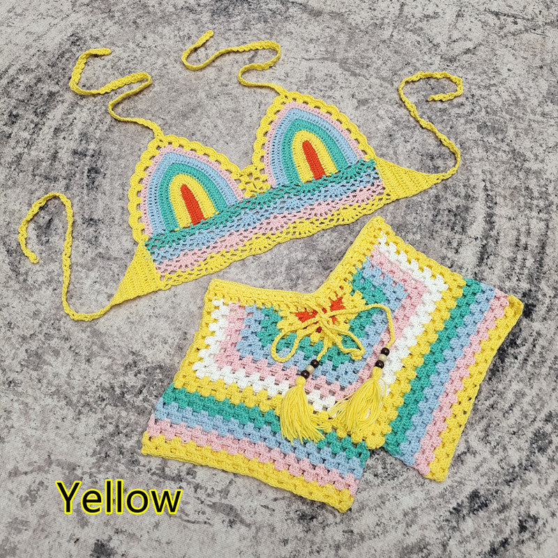 Crochet Knitted Striped Colorblock Rainbow Multi-Colored Women's Drawstring 2-Piece Bikini Swimsuit
