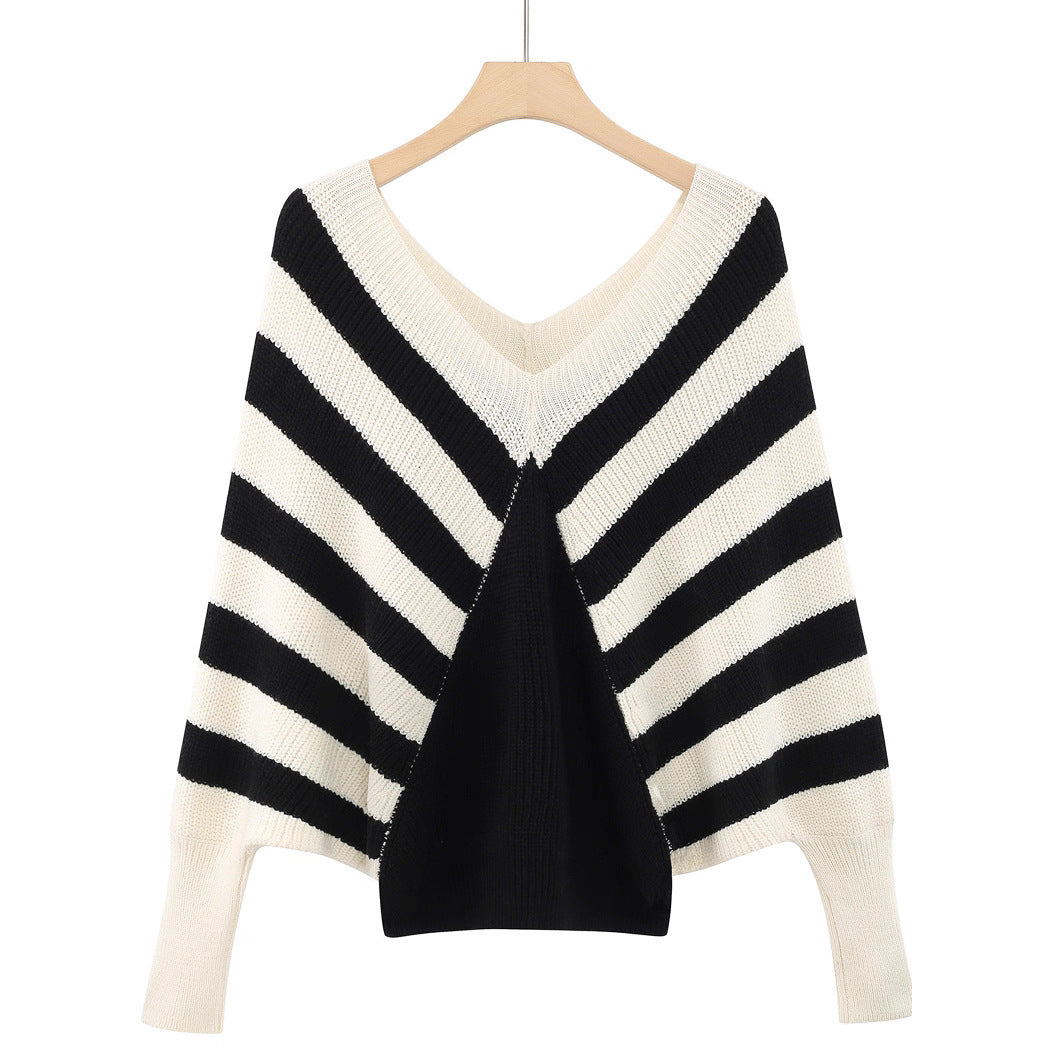 Off-the-Shoulder Black/White Diagnol Striped Contrast Color V-Neck Long Sleeve Knitted Women's Sweater to 5X Plus Size
