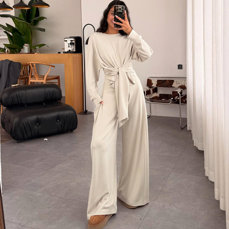 Lace-Up Sash Belted Solid Color Long Sleeve Women's Wide Leg Jumpsuit