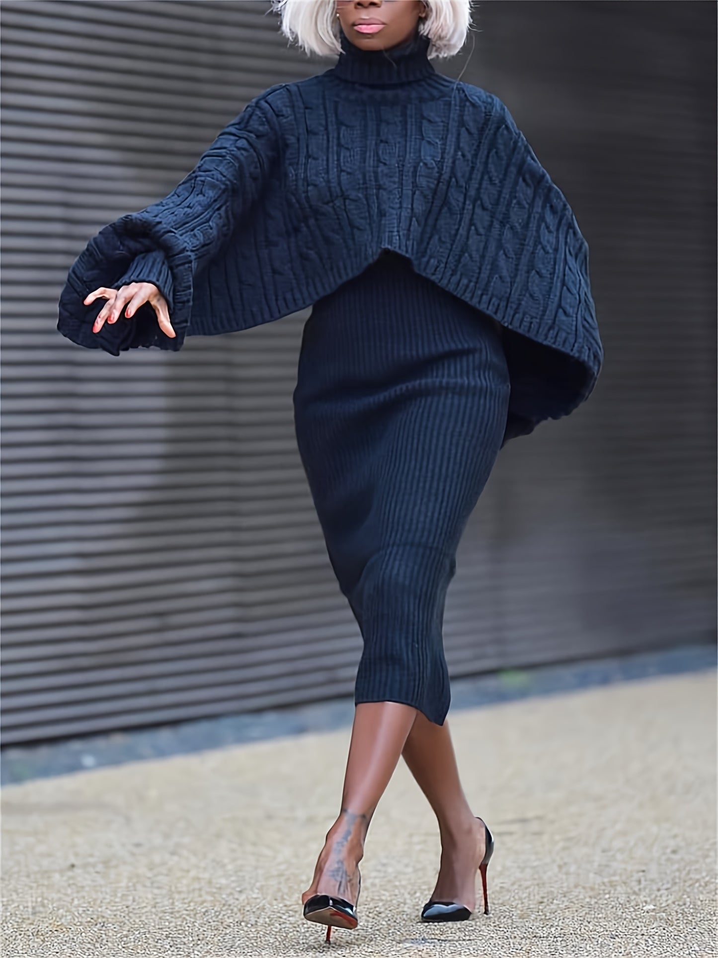 Turtleneck Knitted Weave Pattern Baggy Cape Sleeve Long Sleeve Sweater + Ribbed Tank Sweater Dress 2-Piece Set