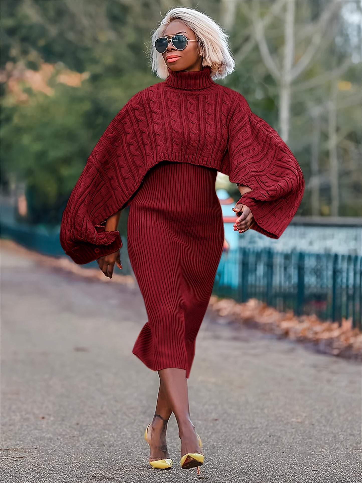 Turtleneck Knitted Weave Pattern Baggy Cape Sleeve Long Sleeve Sweater + Ribbed Tank Sweater Dress 2-Piece Set
