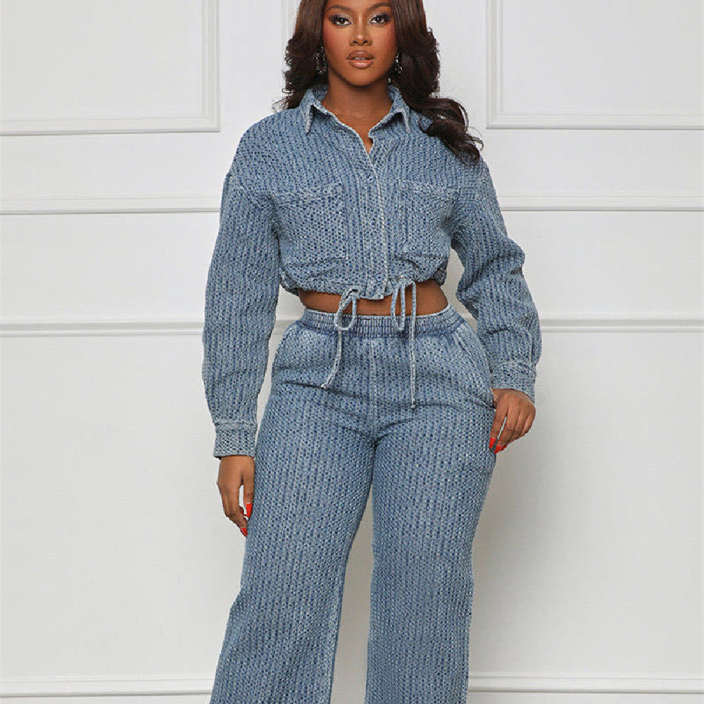 Denim Women's Pinstriped Jean Jacket + Matching Jeans 2-Piece Set