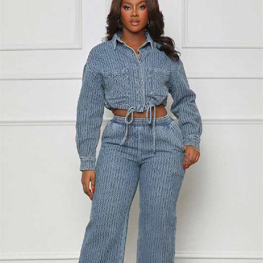 Denim Women's Pinstriped Jean Jacket + Matching Jeans 2-Piece Set
