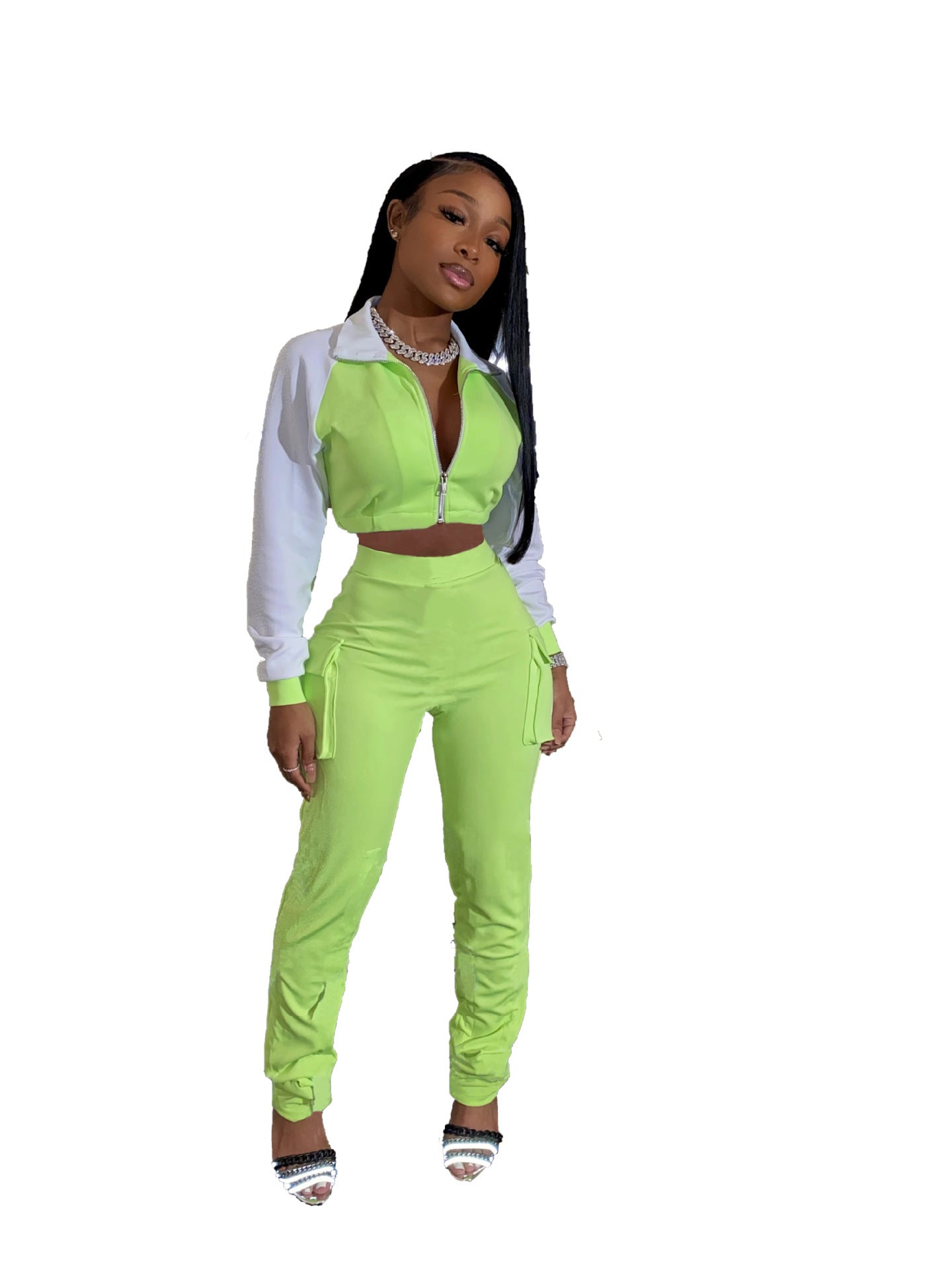 Colorblock Turn-Down Collar Cropped Sports Zipper Jacket + Cargo Pocketed Sweatpants Women's Tracksuit