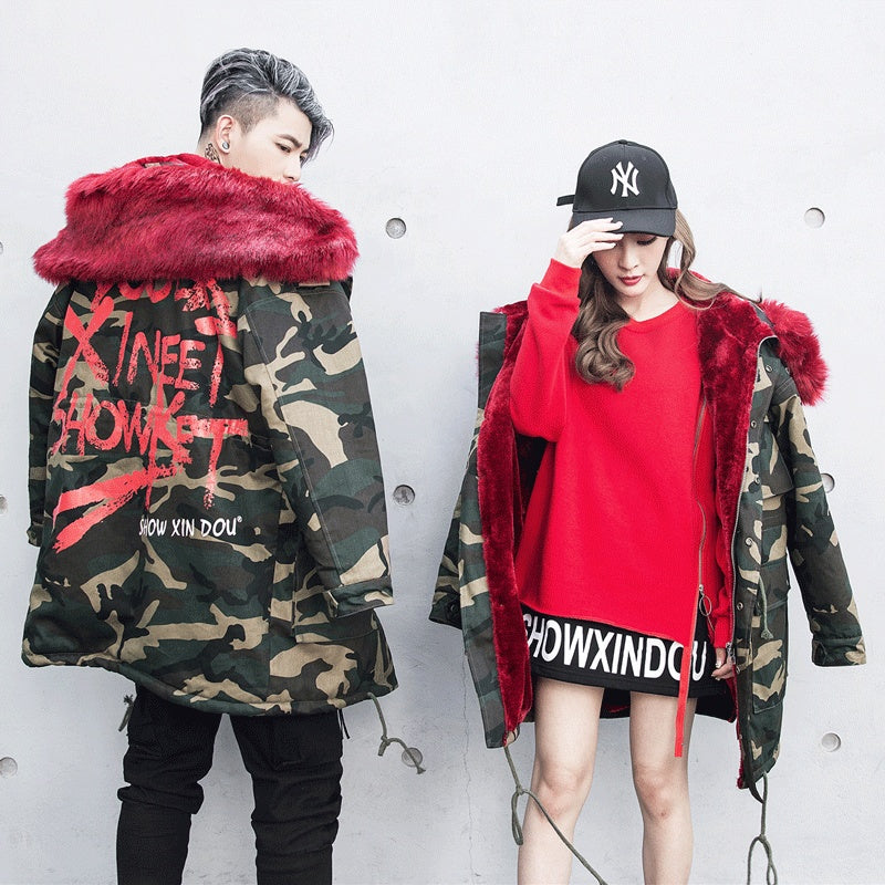 Men's Unisex Camoflauge Graffiti Print Velvet Lined Hip-Hop Hoodie Coat
