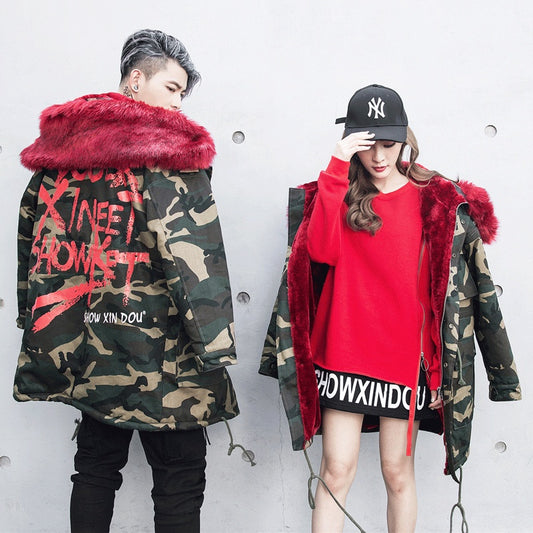 Men's Unisex Camoflauge Graffiti Print Velvet Lined Hip-Hop Hoodie Coat