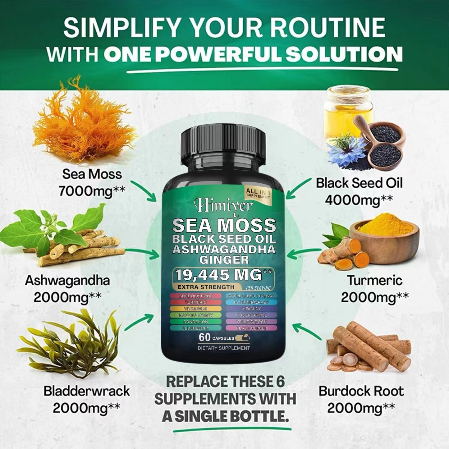 Sea Moss 7000mg Black Seed Oil 4000mg Ashwagandha 2000mg Turmeric 2000mg Bladderwrack 2000mg Burdock 2000mg & Ginger Vitamin C Vitamin D3 With Elderberry Manuka Dandelion Yellow Dock Chlorophyll ACV