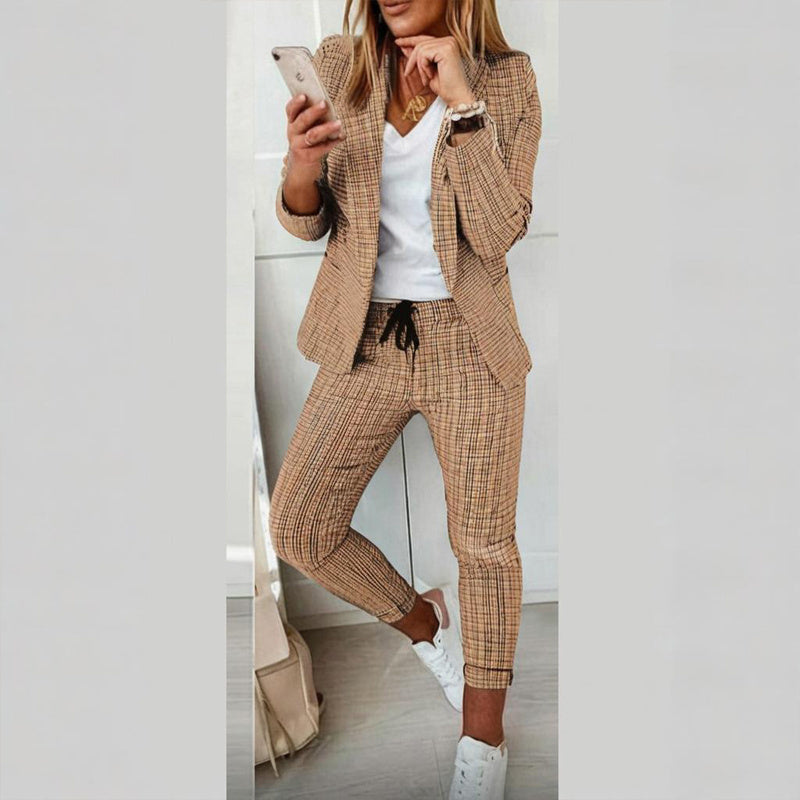 Plaid Single Breasted Blazer Jacket & Drawstring Women's Pants Business Casual Suit