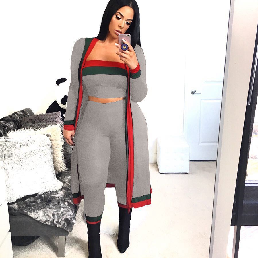 Colorblock Striped Long Sleeve Women's Maxi Cardigan + Tube Crop Top + Leggings 3-Piece Set to 3X Plus Size