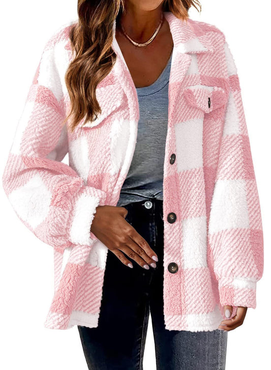 Plaid Checker Print Double Pocket Lamb Fleece Button-Up Long Sleeve Casual Jacket