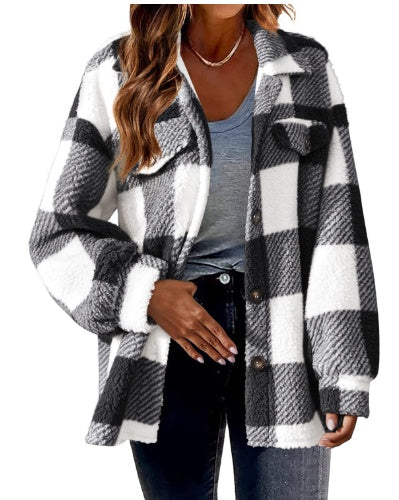 Plaid Checker Print Double Pocket Lamb Fleece Button-Up Long Sleeve Casual Jacket