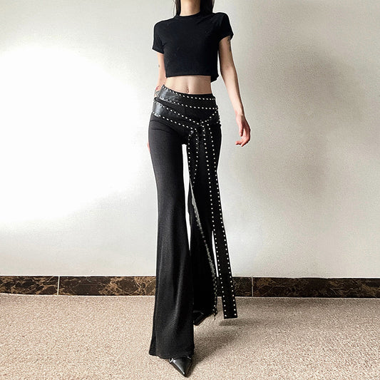 Black Rivet Design Flared Leg Women's Pants w/ Hanging Sash Belt