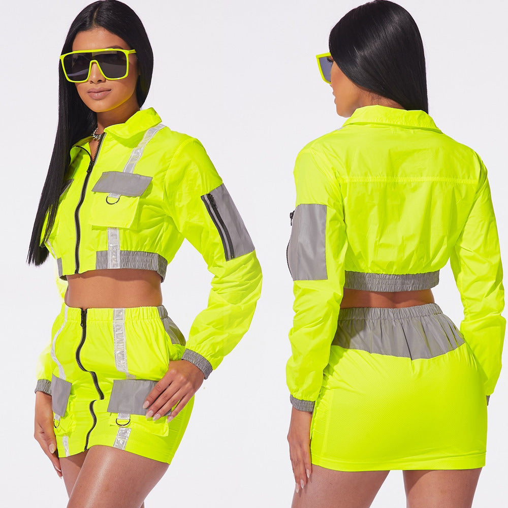 Neon Streetwear Crop Zipper Bomber Jacket + Mini Skirt 2-Piece Set