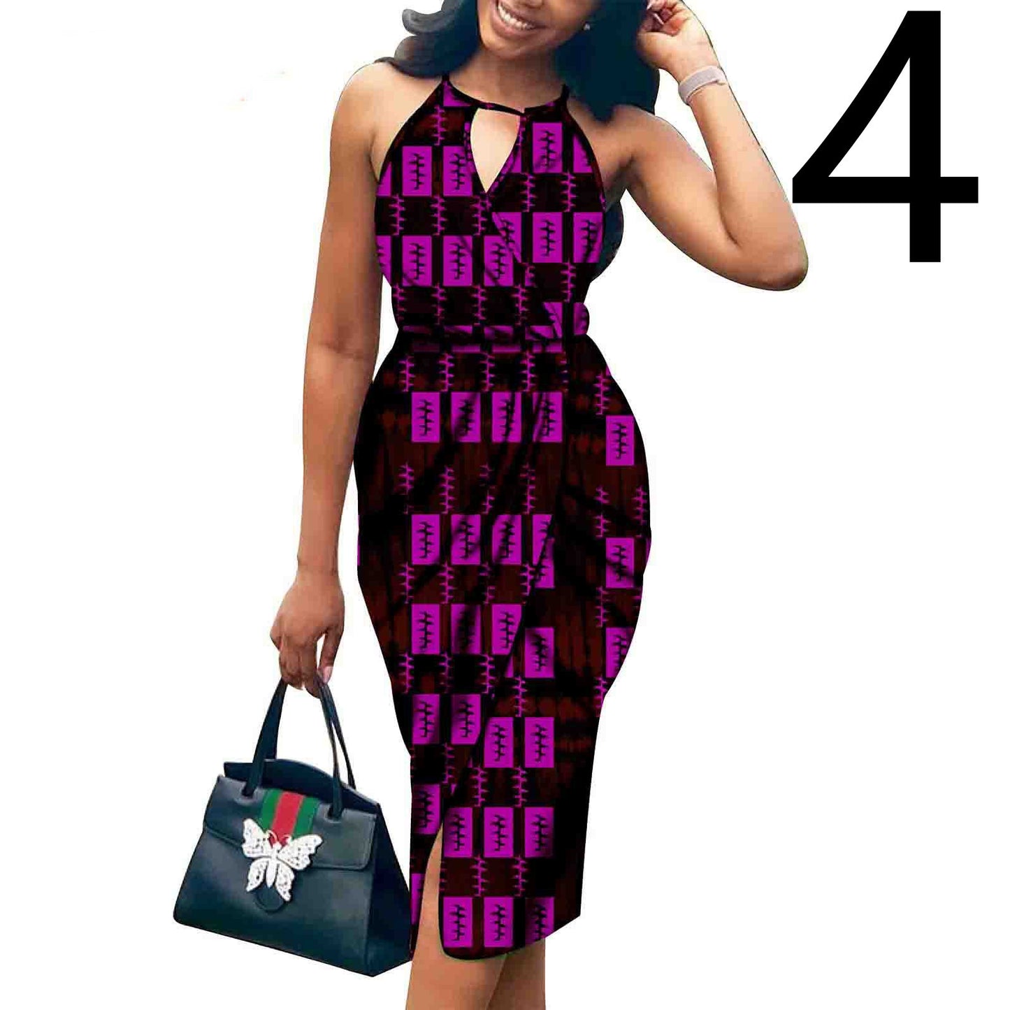 African Print Batik Cotton Sleeveless V-Neck Halter Strap Formal Party Dress to 3X Plus Size