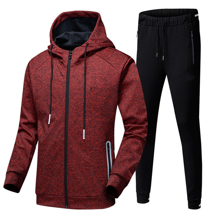 Men's Drawstring Zipper Hoodie Sports Sweat Jacket + Solid Color Skinny Sweatpants Tracksuit
