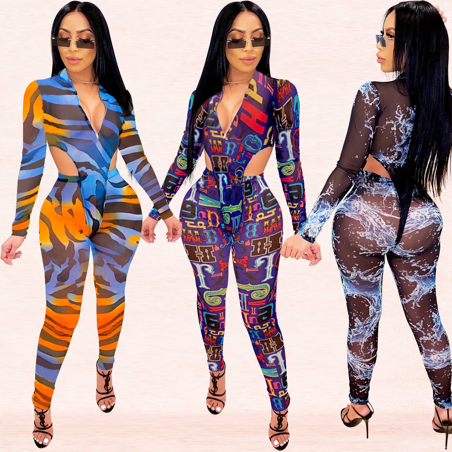 Mesh Sheer Transparent Geometric V-Neck Tropical/Graffiti Print Long Sleeve Crop Top + Skin Tight Leggings Women's 2-Piece Set