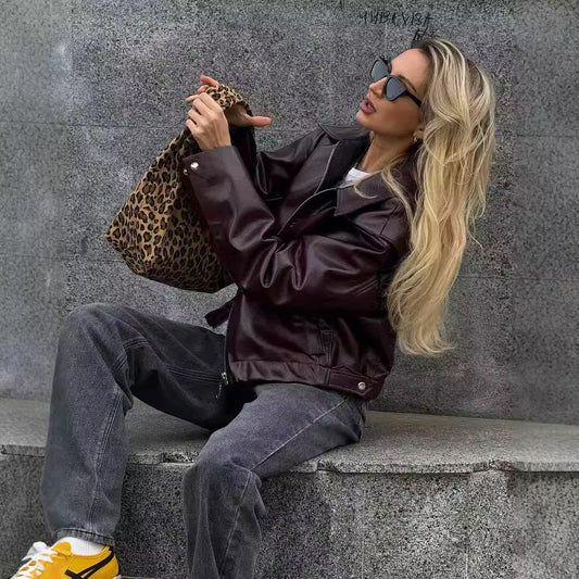 PU Leather Women's Solid Color Turn-Down Collar Long Sleeve Zipper Jacket