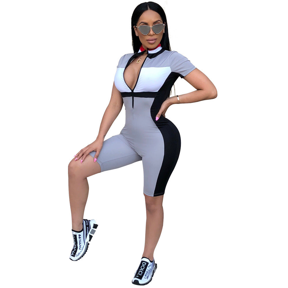 Side Striped Colorblock Short Sleeve Skinny Fitness Bodycon Women's Zipper Front Shorts Gym Romper