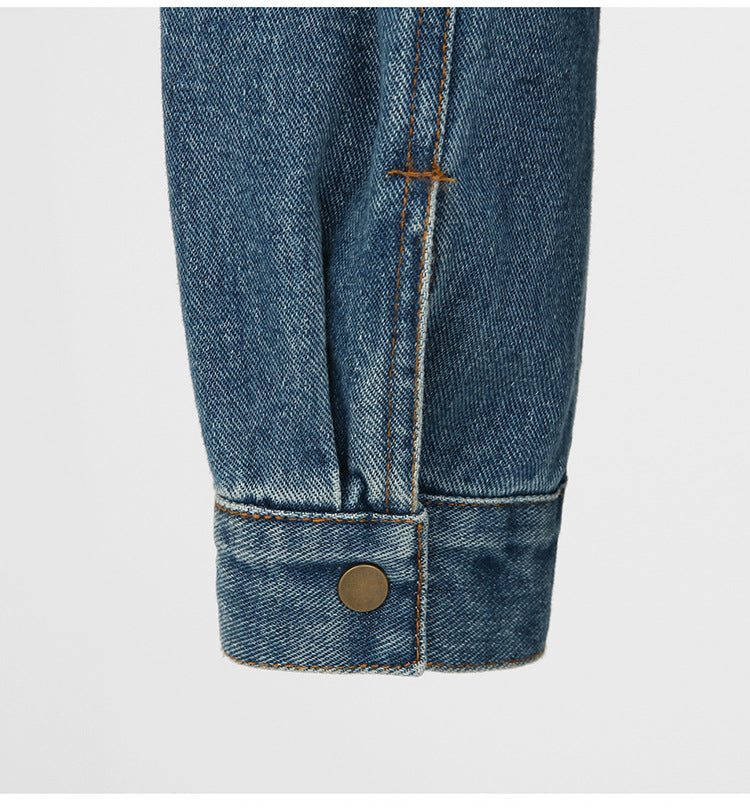 Denim Blue Double Pocket Design Turn-Down Collar Long Sleeve High Slit Maxi Jean Dress