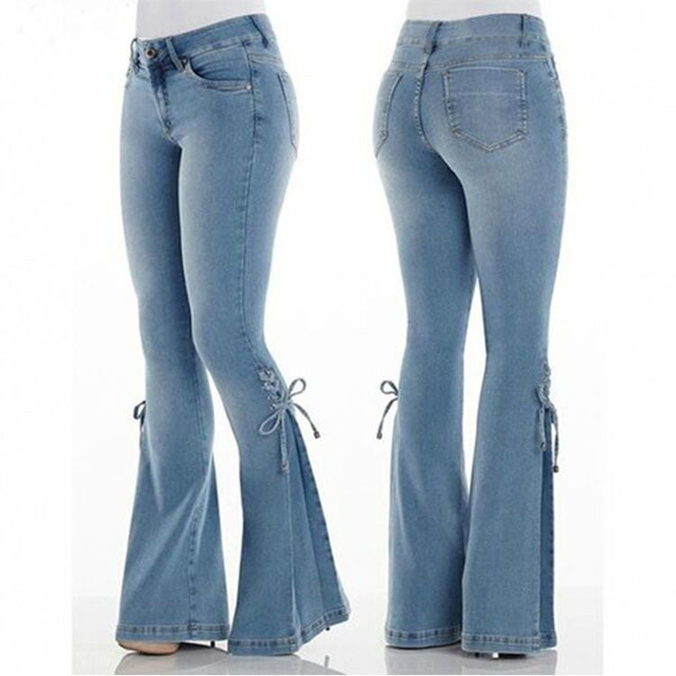 Denim Bowknot Detail Stretch Women's Flared Leg BellBottom Jeans