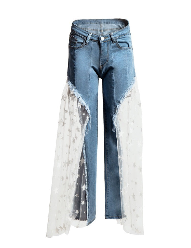 Denim Lace Tulle Hollow-Out Sheer Transparent Patchwork Design Women's Jeans