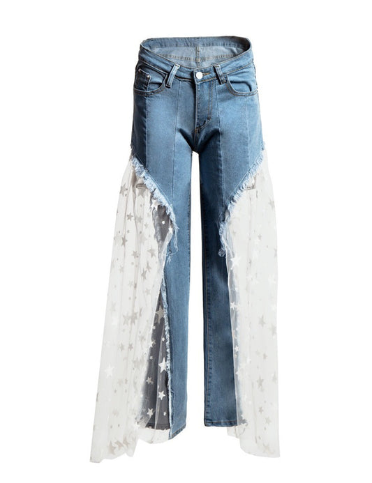 Denim Lace Tulle Hollow-Out Sheer Transparent Patchwork Design Women's Jeans